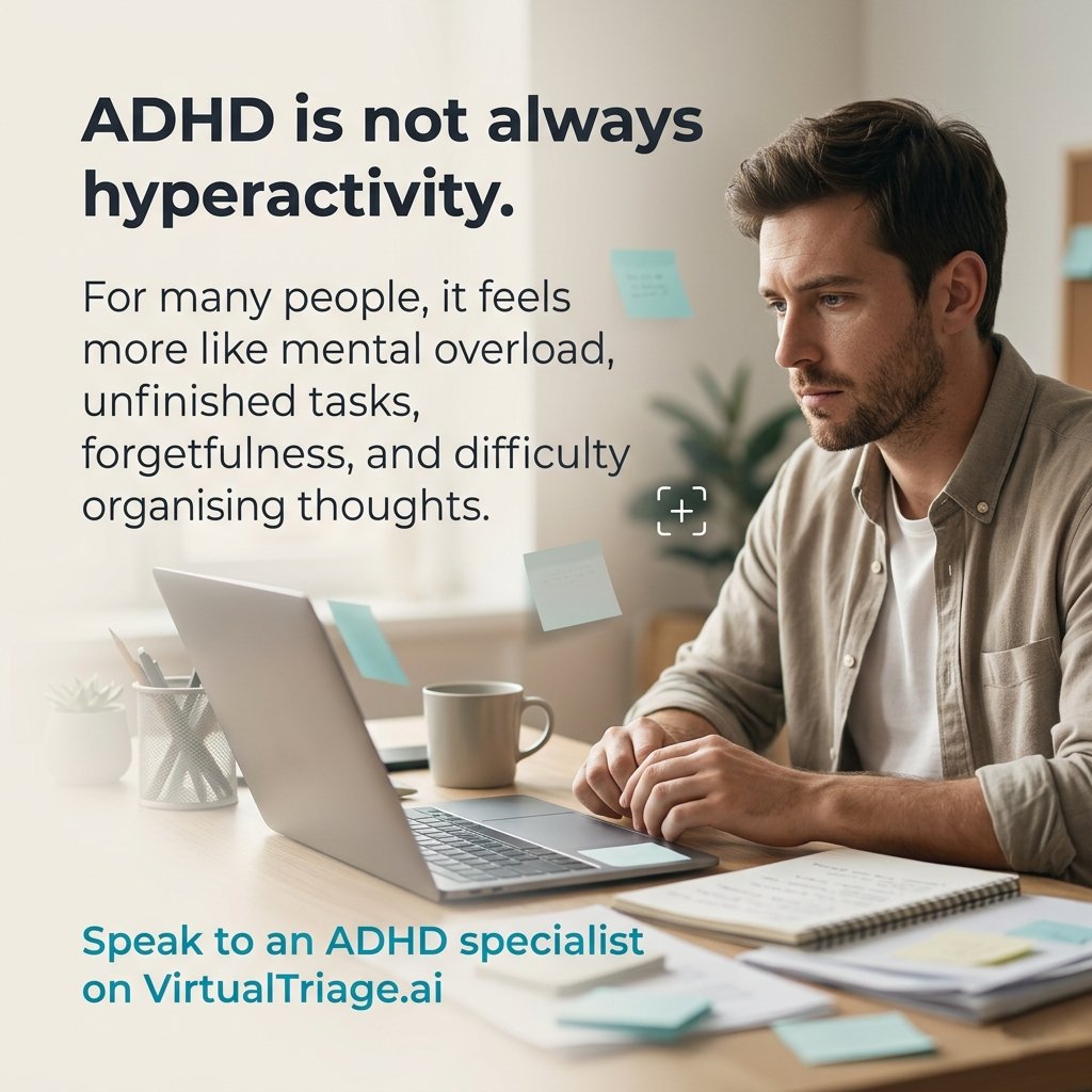 virtual_triage's tweet photo. ADHD is often misunderstood as “being distracted” or “having too much energy.”
Recognising these patterns early can make a meaningful difference to daily life and wellbeing.

✨ Speak to a qualified ADHD specialist online at https://t.co/hbqabvsEa4
#ADHD #ADHDAwareness #AdultADHD https://t.co/U5sShPQqWP