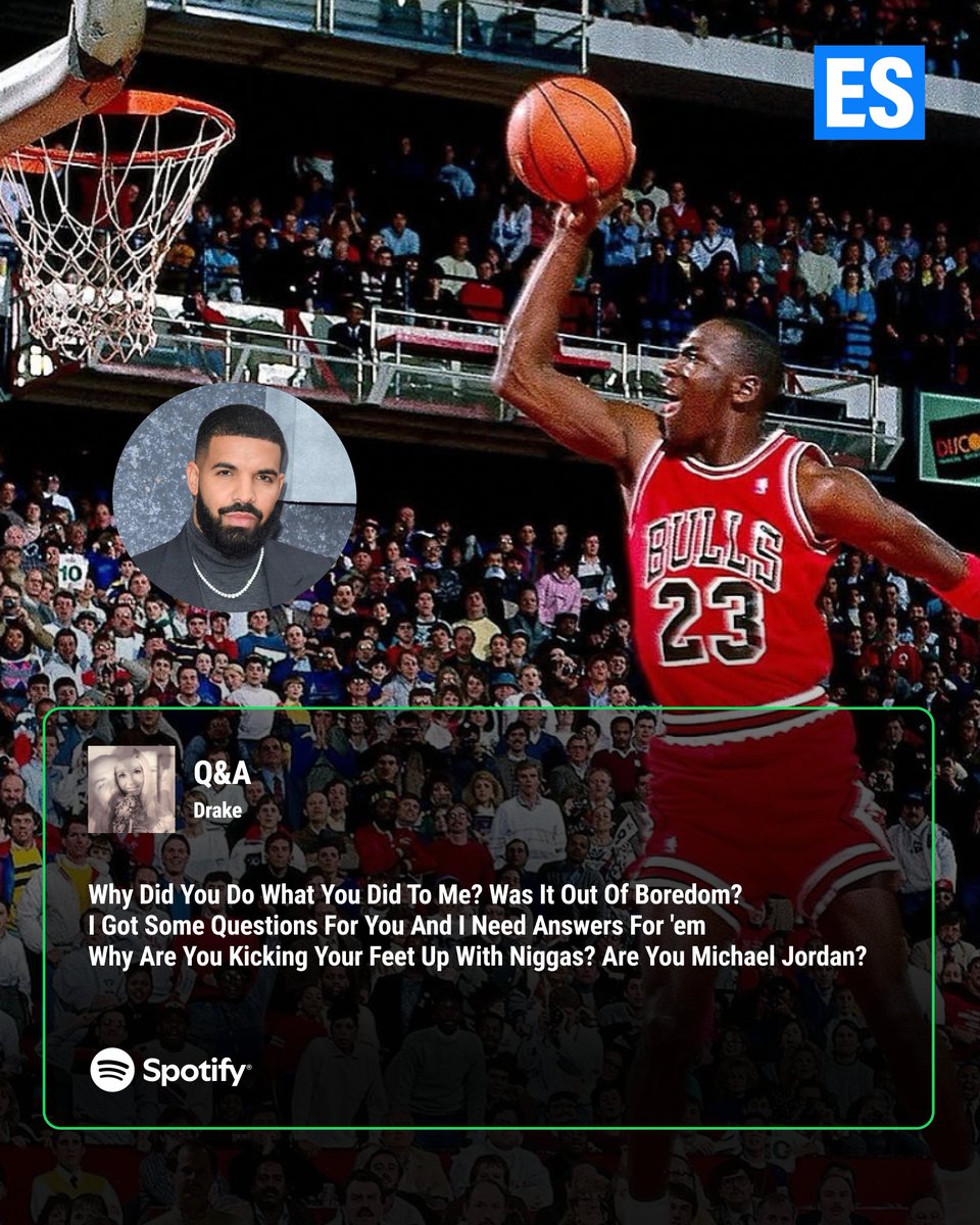 ES_sportsnews's tweet photo. Track: "Q&amp;A"

When you reach a certain level of fame, you start looking at your peers the way the 6x Champion looked at the competition. 😏 Drake invokes His Airness to call out anyone getting too comfortable. https://t.co/SxI2f3jADG
