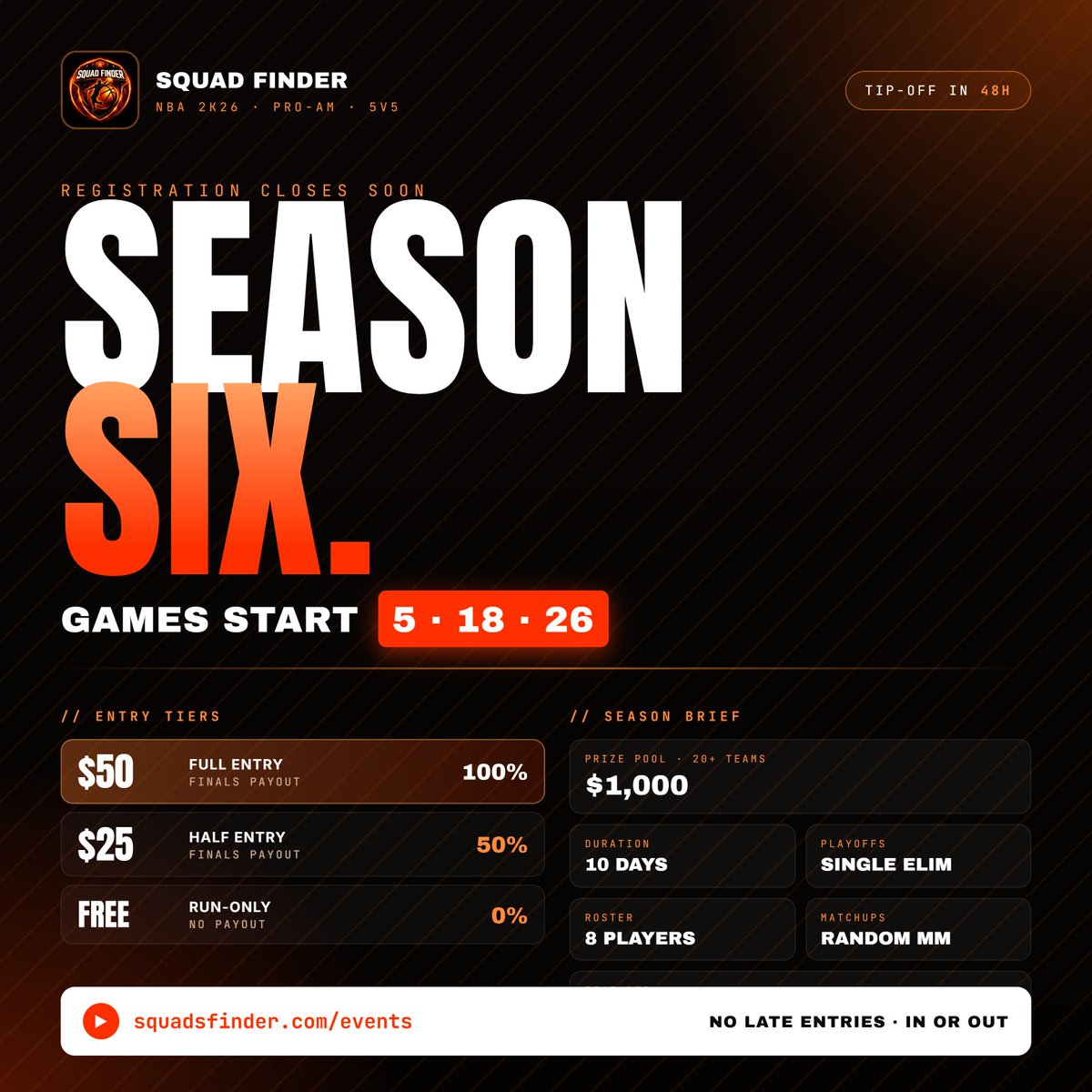 2kDiscord's tweet photo. 🔥 SQUAD FINDER BYOT SEASON 6 🔥

🚨Less than 48 hours to register. 

🤑You can enter for Free 

🗓️ Starts 5/18/26
💰 $1,000 Prize Pool (must have 20 teams)
⏳ ONLY 1.5 DAYS TO REGISTER

🎮 Bring Your Own Team
🔗 https://t.co/pZqEG9HJYC https://t.co/6hofWvQDO5