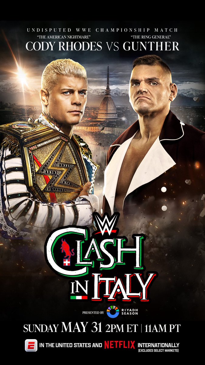 CAQOfficiel's tweet photo. 𝗢𝗳𝗳𝗶𝗰𝗶𝗲𝗹. Cody Rhodes défendra l’Undisputed WWE Championship face à Gunther lors de WWE Clash in Italy 🇮🇹, le 31 mai prochain. https://t.co/Z503HYuH3n