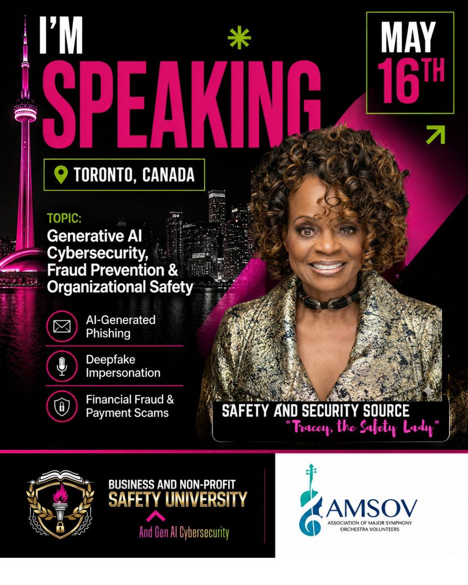 TraceySafeTLady's tweet photo. I am teaching gen AI cybersecurity tips and practices in Toronto, Canada for symphonies and orchestras in North America! Protect volunteers, donors, staff, and BOD members! Who is ready? #gencybersecurityexpertforendusers #AI https://t.co/0PMwOVnUym
