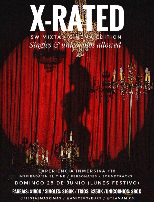 FiestasMaxximas's tweet photo. Las luces se apagan y la acción comienza el Domingo 28 de Junio (puente) en Bogotá. 📽🔞

​Vive la #XRATED: Cinema Edition, exclusivo para parejas, singles y unicornios que buscan sumergirse en una verdadera atmósfera swinger. 🎭

​📩 Locación privada. Reservas solo por DM. 🎬🔥 https://t.co/6SruYWzxR9