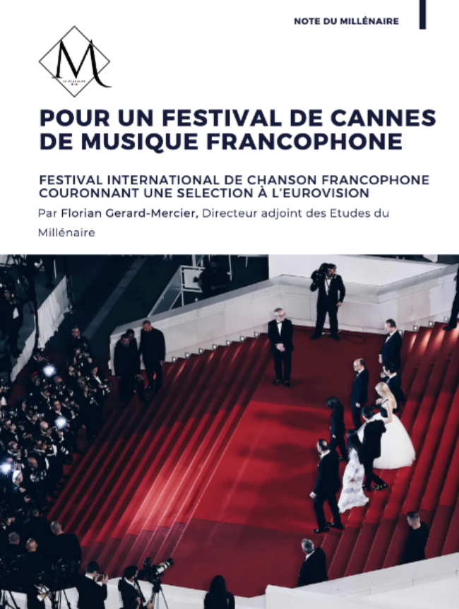 F_GM_'s tweet photo. Pour que la #France renoue avec la gagne à l'#Eurovision je propose dans une note pour @Le_Millenaire l'établissement d'un Festival de #Cannes de la chanson francophone, qui servirait de sélection nationale.
https://t.co/Od4xQ18azs

Sur la base d'une analyse des résultats français depuis 1977 et des modèles suédois (Melodifestivalen) et italiens (Sanremo), la proposition est que ce Festival allie des artistes français issus d'une présélection dans toutes nos régions et outremers à des artistes issus de pays de la Francophonie.

L'artiste gagnant de la "Palme d'or de la meilleure chanson francophone" serait alors invité à être le représentant de la France à l'Eurovision. Auréolé de cette victoire et bénéficiant de l'expérience gagnante au Festival, l'artiste serait dans la meilleure position pour concourir à l'Eurovision.

Ce Festival pourrait permettre d'atteindre plusieurs objectifs majeurs:
- redonner un rayonnement culturel mondial à la chanson francophone,
- replacer la France comme exportatrice culturelle majeure sur le marché de la musique, et renforcer l’industrie de création musicale française et francophone,
- donner toutes les chances à l'artiste représentant la France de gagner l'Eurovision, ou  en tous cas de briller devant 170M de téléspectateurs,
- rétablir la chanson française comme vecteur de soft power pour la France,
- et redynamiser la Francophonie et ses 400M de locuteurs dans le monde.

L'objectif à 3 à 5 ans serait de faire de ce Festival un événement télévisuel rentable  et un rendez-vous culturel incontournable de la chanson au niveau mondial.
 
#Eurovisión #Eurovisión2026 #Eurovision2026