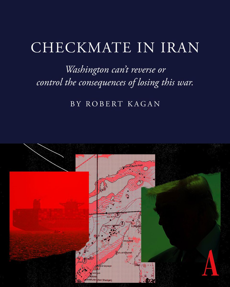 TheAtlantic's tweet photo. The U.S. is effectively checkmated in Iran—and this defeat will carry lasting consequences unlike any America has endured before, Robert Kagan argues. https://t.co/XIvZxuee3F

🎨: The Atlantic. Sources: Amirhossein Khorgooe / AFP / Getty; Maximillian Mann / The New York Times / Redux; Saul Loeb / AFP / Getty.