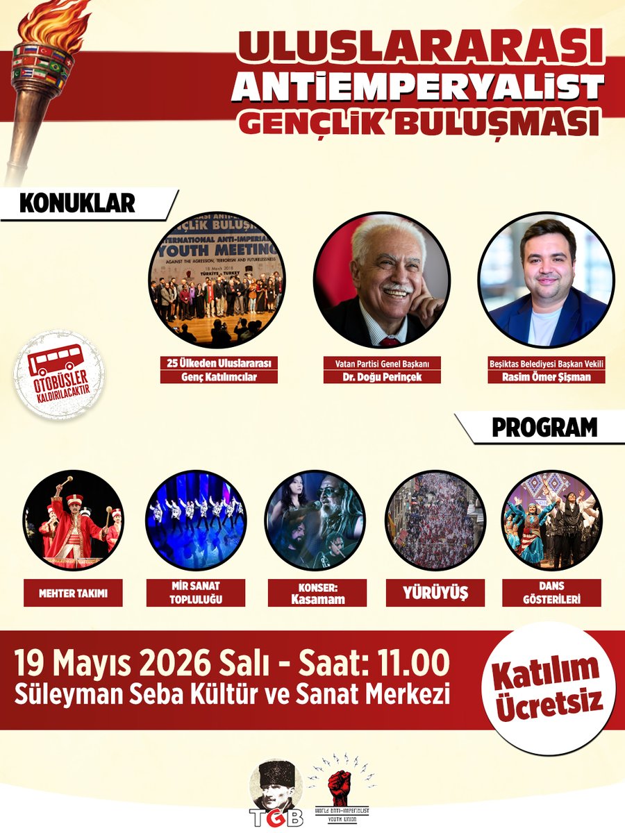 genclikbirligi's tweet photo. 🔴25 ülkeden dünya gençliği ile 19 Mayıs'ta İstanbul'dayız! 

Uluslararası Antiemperyalist Gençlik Buluşması'nda neler var❓

🎸Konser
🇹🇷Yürüyüş
💃Halk oyunları &amp; Dans gösterileri
🥁Mehter takımı
🗣️Panel

Sen de yerini ayırt!
🔗 https://t.co/hWXwSDwef1
📞 0507 052 73 18 https://t.co/5eZvsjMh5X