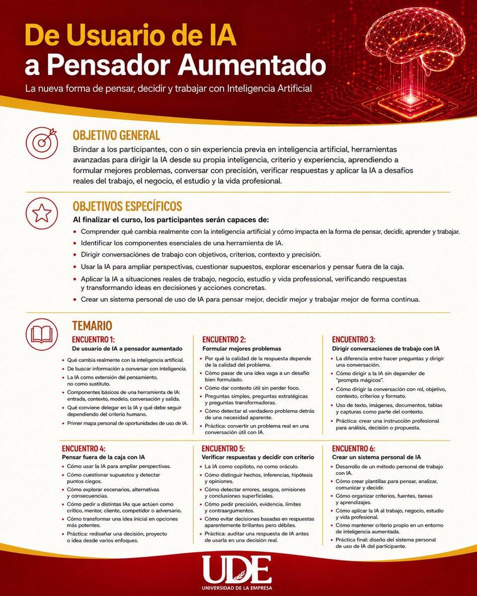 UDEPunta's tweet photo. 🤖🚀 Nuevo programa en Universidad de la Empresa La Paloma.

“De Usuario de IA a Pensador Aumentado”

👨🏫 Mag. Ing. Pedro Amador 🇪🇸

✅ IA aplicada al trabajo
✅ Pensamiento estratégico
✅ Decisiones inteligentes

📅 Inicio: 1 de junio
📩 udelapaloma@ude.edu.uy

#UDE #IA https://t.co/EekvMi30TK