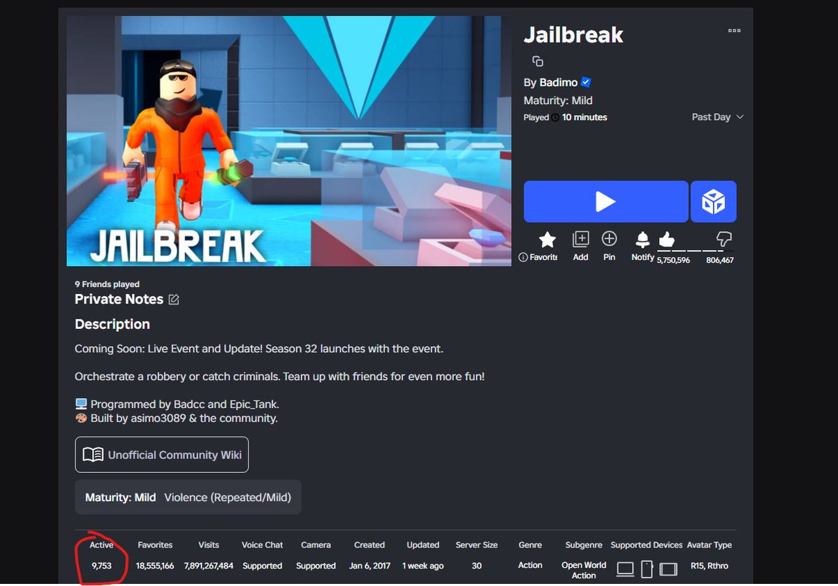 TheRealMS16's tweet photo. A Saturday morning and Jailbreak has only 9.7k concurrent players. Not even 10k.

Nothing compared to the average ~20k they had a few months ago.

The June Live Event needs to be huge for the game to restore it's popularity it gained in late 2025-early 2026. https://t.co/gmEdJCkYcd