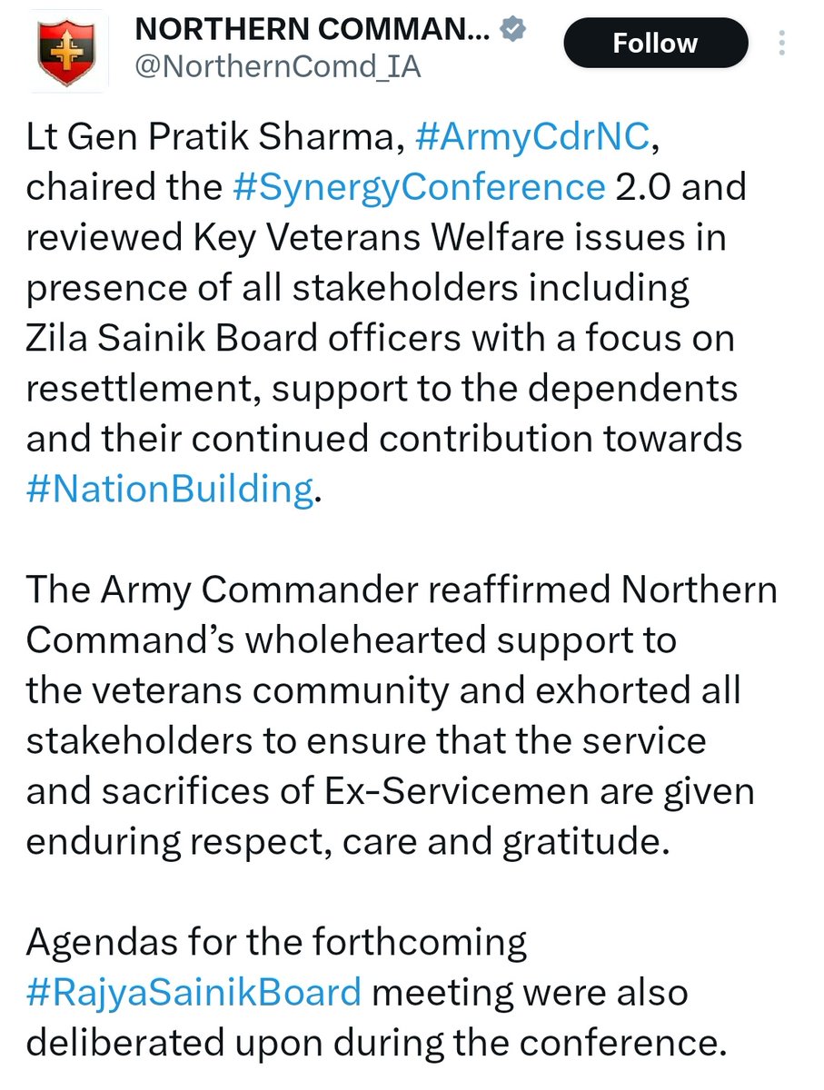 GreaterKashmir's tweet photo. Lt Gen Pratik Sharma, #ArmyCdrNC, chaired the #SynergyConference 2.0 and reviewed Key Veterans Welfare issues in presence of all stakeholders including Zila Sainik Board officers with a focus on resettlement, support to the dependents and their continued contribution towards #NationBuilding.

The Army Commander reaffirmed Northern Command’s wholehearted support to the veterans community and exhorted all stakeholders to ensure that the service and sacrifices of Ex-Servicemen are given enduring respect, care and gratitude.

Agendas for the forthcoming #RajyaSainikBoard meeting were also deliberated upon during the conference.

@NorthernComd_IA