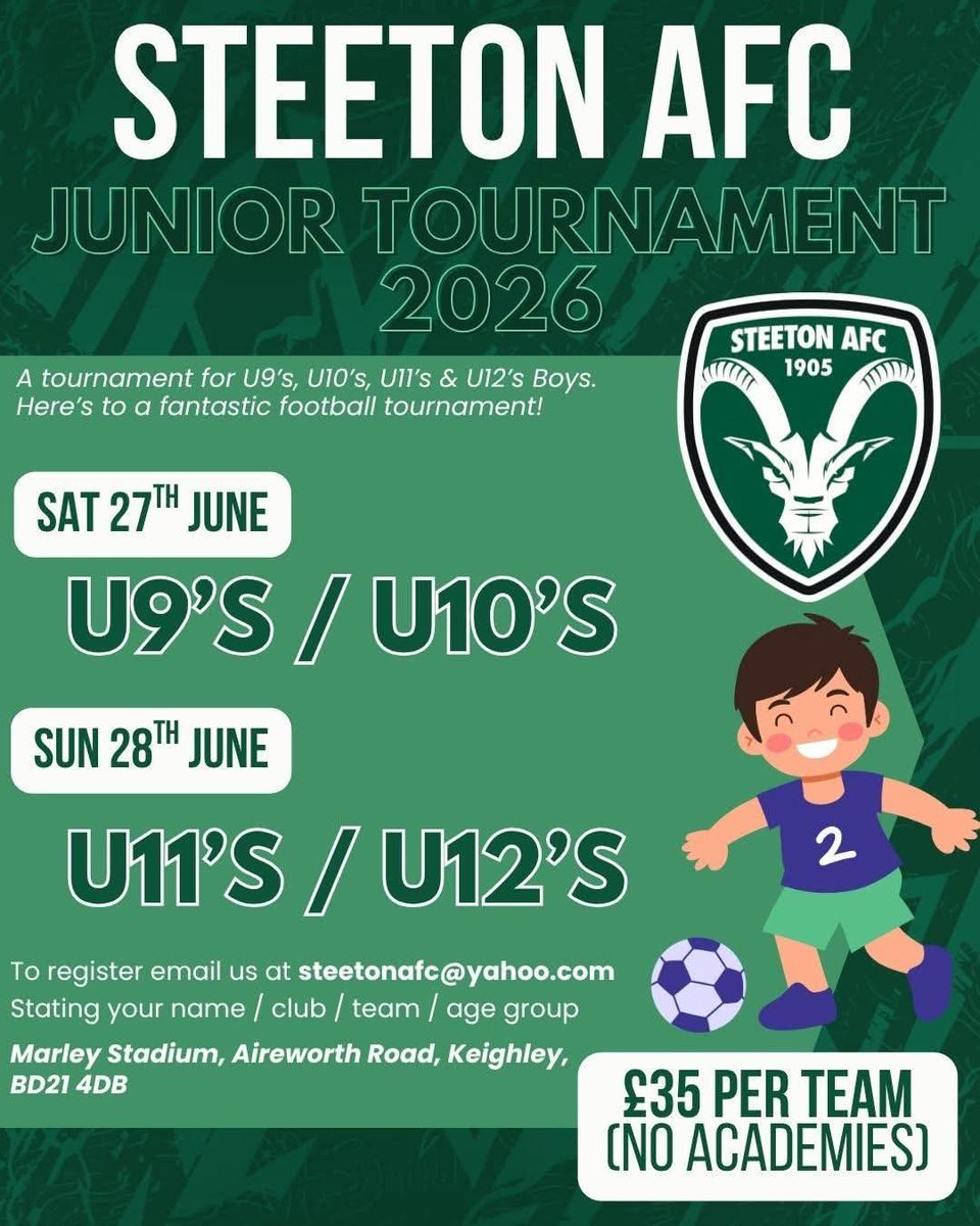 Steetonfc's tweet photo. ⚽ Steeton AFC are today delighted to announce the details for our annual Juniors Tournament at Marley Stadium!

🧒 Four age groups across two days, with entry priced at £35 per team.

📨 Email steetonafc@yahoo.com to enter your team!

👇 All the details

#chevrons https://t.co/18BG6i7YSD
