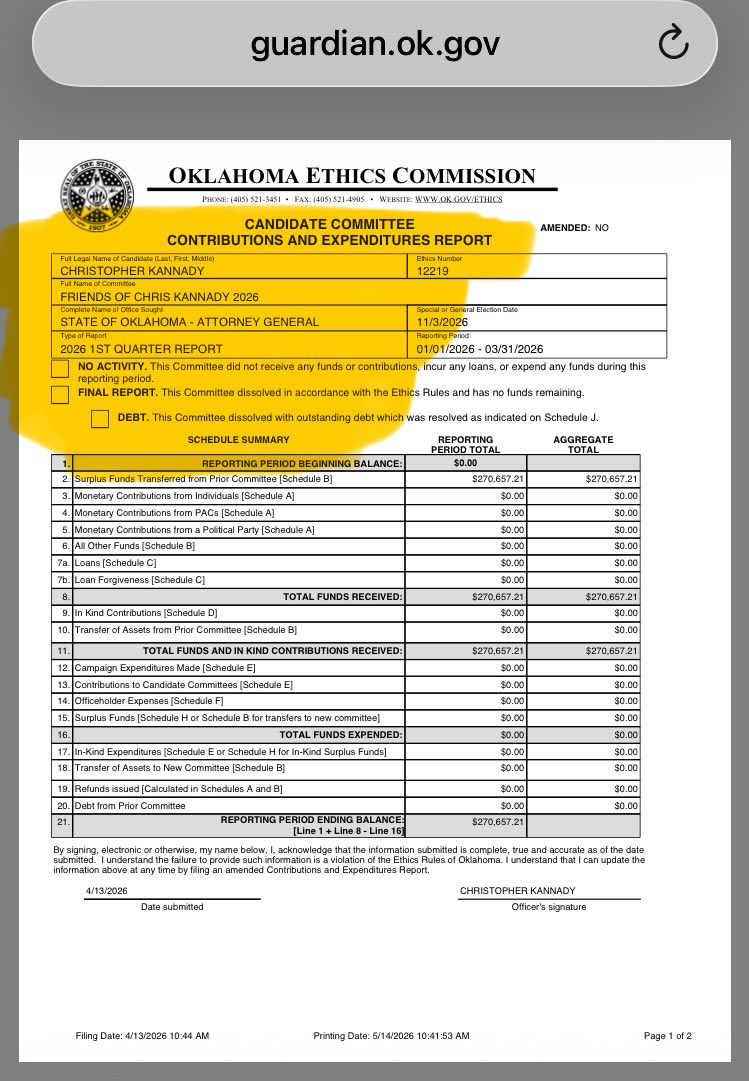 MicMeowed's tweet photo. Let’s Talk About The Oklahoma Attorney General’s Race!

Chris Kannady is running but NOT campaigning 

Chris Kannady is Not on the Ballot 

He filed an ethics committee and put his name on the ballot then had it withdrawn so he could keep his warchest to use against conservatives… that is per 2 ‘in the know’ Oklahoma Political insiders.

And who is really funding the dark money PACs! And what are they really about? Is it one against another or an incestuous interconnected Election shell to achieve an objective! There is a lot at stake in this state! 

Oh it’s slimy. Yes Oklahoma is being targeted from within! 

Oh one last word who is the anonymous account @OKConsCoalition start digging not everything in the heartland is what it seems!

@OklahomaM4L @OKFreedomCaucus @TheCalvinCooli1 @ROPEreport @V1Sut @PlasticGirl1776 @ShannonCla0877 @RogerJStoneJr @CatherineAnne42