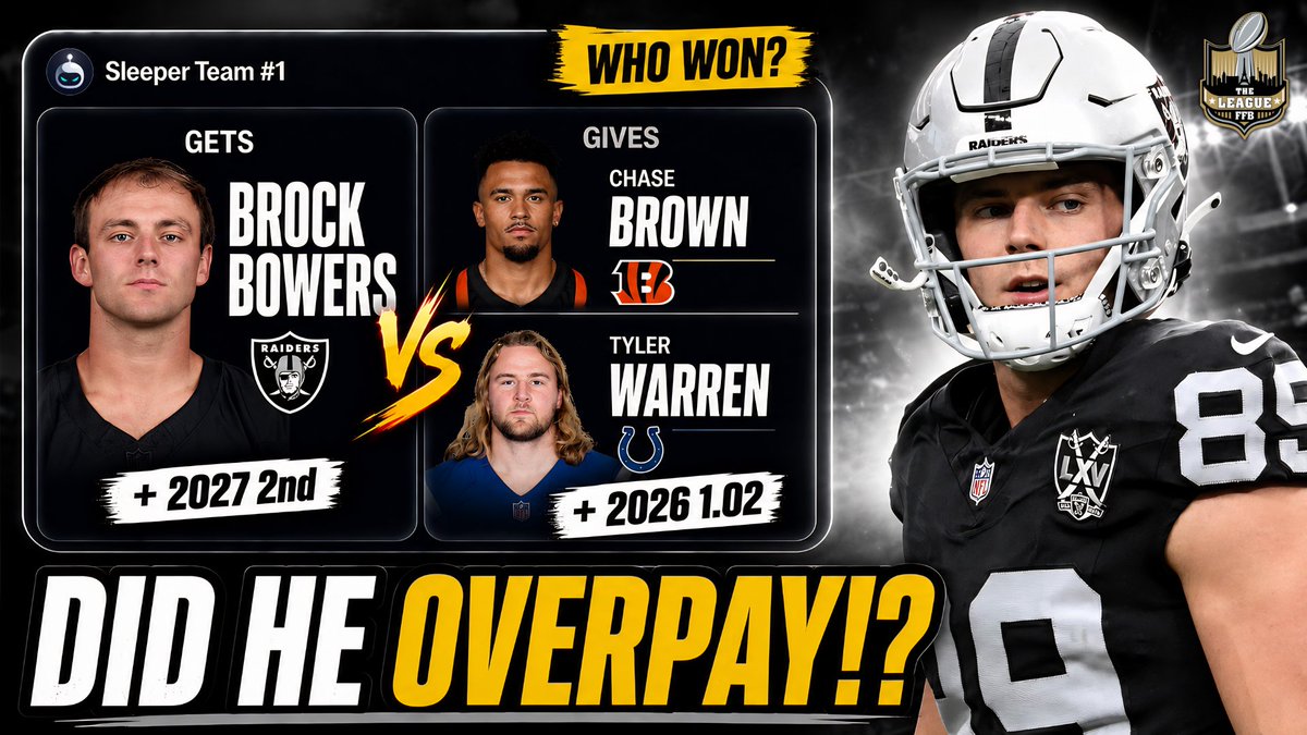 Andrew2True's tweet photo. Did this manager overpay for Brock Bowers? 🤔

He’s one of the best assets in dynasty, but sending this much value for a tight end can get dangerous fast.

Watch the full Dynasty Trade Show w/ @DeeZtheMFG 👇 https://t.co/7OAbZZHyeM