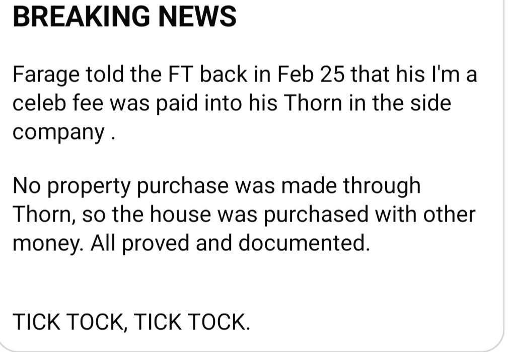 dave43law's tweet photo. The fee being paid to the company avoids some taxation.....

However it appears after Farage stitched himself up saying the £5million was a reward for Brexit (thus making it politically motivated) Reform have stitched him up by saying that the fee was the source of the house purchase...