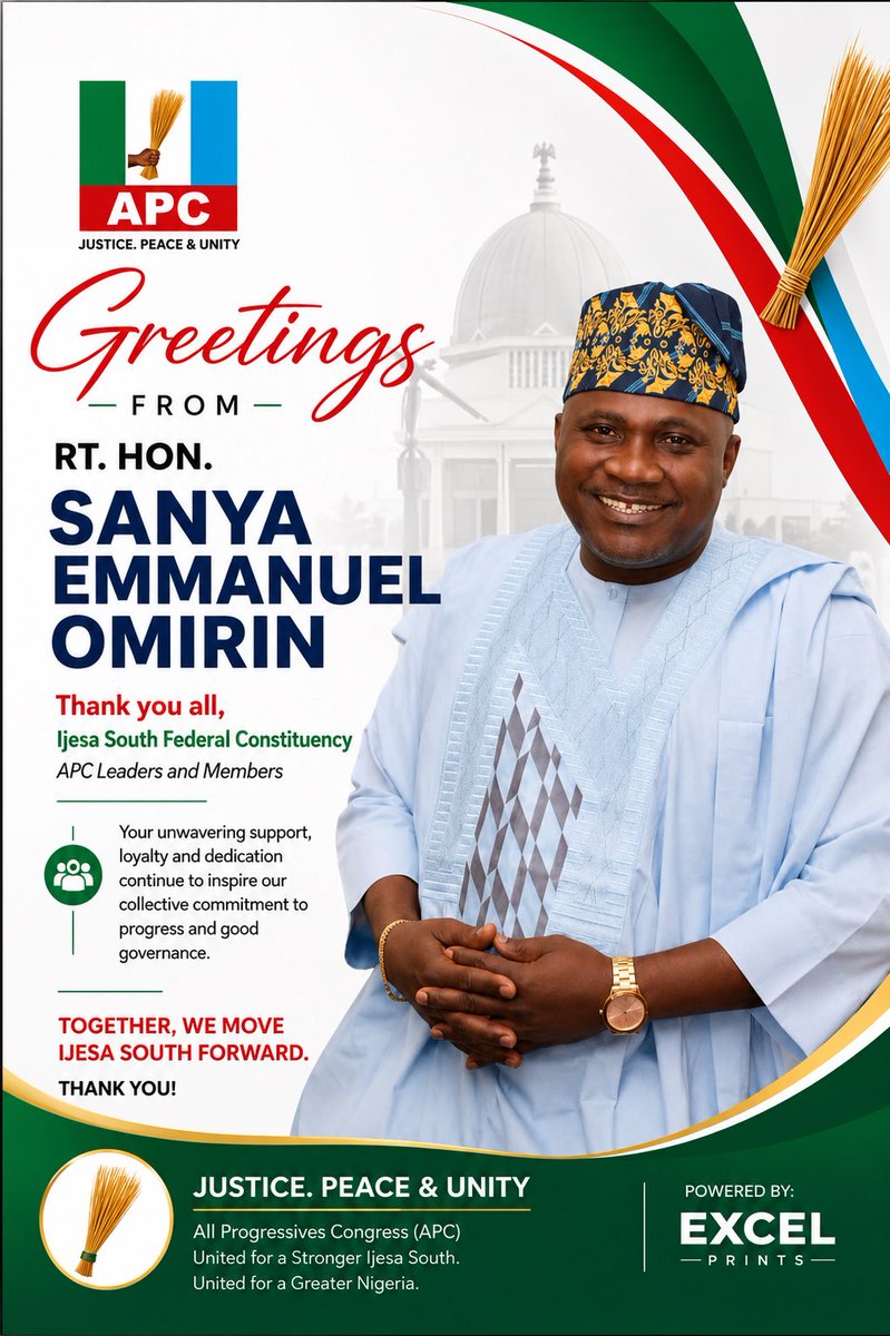 propaul_9's tweet photo. I am deeply honoured and sincerely grateful to the leadership and members of the All Progressives Congress (APC) for the confidence reposed in me through my emergence as the Consensus Candidate of our great party for the House of Representatives seat representing Ijesa South Federal Constituency.

This development is not just a personal milestone, but a reflection of our shared commitment to unity, progress, and purposeful representation.

I sincerely appreciate our party leaders, stakeholders, elders, youth, women, and loyal supporters whose trust, encouragement, and unwavering belief continue to inspire our collective commitment to progress and good governance.

I remain committed to serving the people with integrity, humility, and dedication. Together, we will build a stronger, more united, and progressive Ijesa South.

Hon. Sanya Emmanuel Omirin is a great leader whose vision, compassion, and commitment to the people continue to inspire hope and confidence across our constituency.

The journey has just begun, and with God and the support of our people, victory is certain.

Together, we move Ijesa South forward.

@HonSanyaOmirin 

#APC #IjesaSouth #Leadership #Progress #GoodGovernance