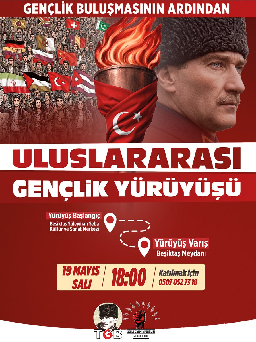 genclikbirligi's tweet photo. 🇹🇷Uluslararası Gençlik Yürüyüşü'nde NATO’ya meydan okuyoruz.

📅19 Mayıs Salı
🕢18.00
📍Buluşma Noktası: Süleyman Seba Kültür Merkezi

📢Namlularını mazlum milletlere çeviren NATO saldırganlığına karşı seni de yürüyüşümüze çağırıyoruz.
🔗 https://t.co/hWXwSDvGpt
📞 0507 052 73 18 https://t.co/bKJr5vz2P4