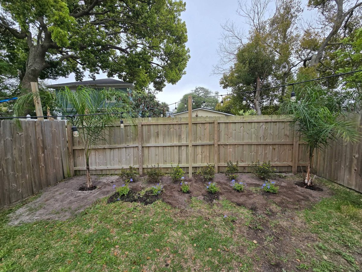 TheSodSquad904's tweet photo. Guys planted 12 bushes 2 palms added stone boarder and mulch for one of our customers in Duval today. https://t.co/mWg1CCsi1L