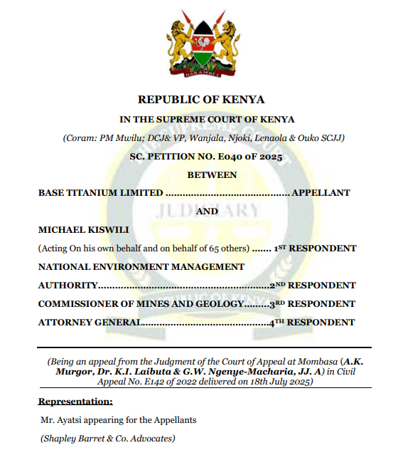 KJA_Kenya's tweet photo. The Bench Speaks⚖️📜
 
The Supreme Court has firmly declared that only the Environment and Land Court—not the Cabinet Secretary for Mining—has the power to determine alleged violations of constitutional environmental rights. 

The Court held that access to justice for fundamental rights must never be impeded or stifled by forcing citizens into alternative dispute resolution mechanisms first. Crucially, the act of seeking constitutional relief is contingent upon the adequacy of any existing alternative means of redress—if that alternative is inadequate, the court door remains wide open. 

The Court directed that the petition filed before the ELC should proceed for determination on its merits.
SC. PETITION NO. E040 0F 2025 BASE TITANIUM LIMITED Vs MICHAEL KISWILI (Acting On his own behalf and on behalf of 65 others) and 3 others.

https://t.co/s2vMBZs2hk

@Kenyajudiciary @jsckenya @KMJA_KENYA @lawsocietykenya
@THE_SCOK  @NCAJ_KE