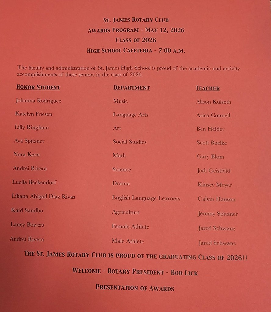 ISD840's tweet photo. The St. James Rotary Club Awards program was held this week.

Congratulations to the honor students that were recognized by the St. James Rotary. 

#GoSaints https://t.co/VaW0HOlLB0