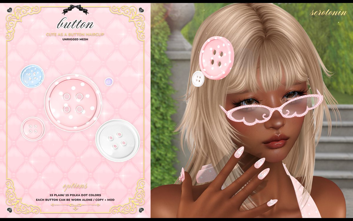 ayeuki's tweet photo. Serotonin. Button Hairclip x SoKawaiiSundays
ive been so obsessed with these big accessories on the head lately 😂

♡ Unrigged mesh
♡ Comes in 15 solid colors/15polkadot colors
♡ Includes mirrored versions, big and small clips can be worn separately
https://t.co/T9Smd6RSR9 https://t.co/ZIMwlu4m5d