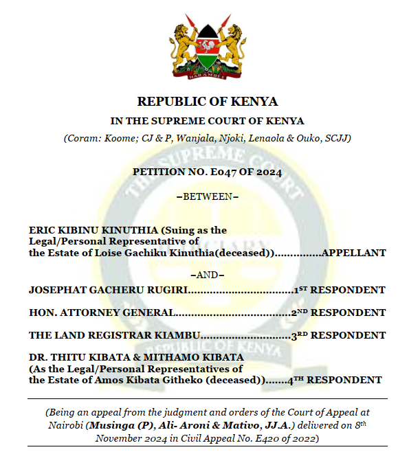 KJA_Kenya's tweet photo. The Bench Speaks📜⚖️

The Supreme Court has stated that a confirmed grant is NOT required to defend a deceased person's estate. An unconfirmed grant gives you legal standing to sue or defend. A confirmed grant is only needed to sell property.

SC PETITION NO. E047 OF 2024 ERIC KIBINU KINUTHIA (Suing as the Legal/Personal Representative of the Estate of Loise Gachiku Kinuthia(deceased)) Vs JOSEPHAT GACHERU RUGIRI & 3 OTHERS

https://t.co/s2vMBZs2hk

@Kenyajudiciary @jsckenya @KMJA_KENYA @lawsocietykenya @THE_SCOK @NCAJ_KE