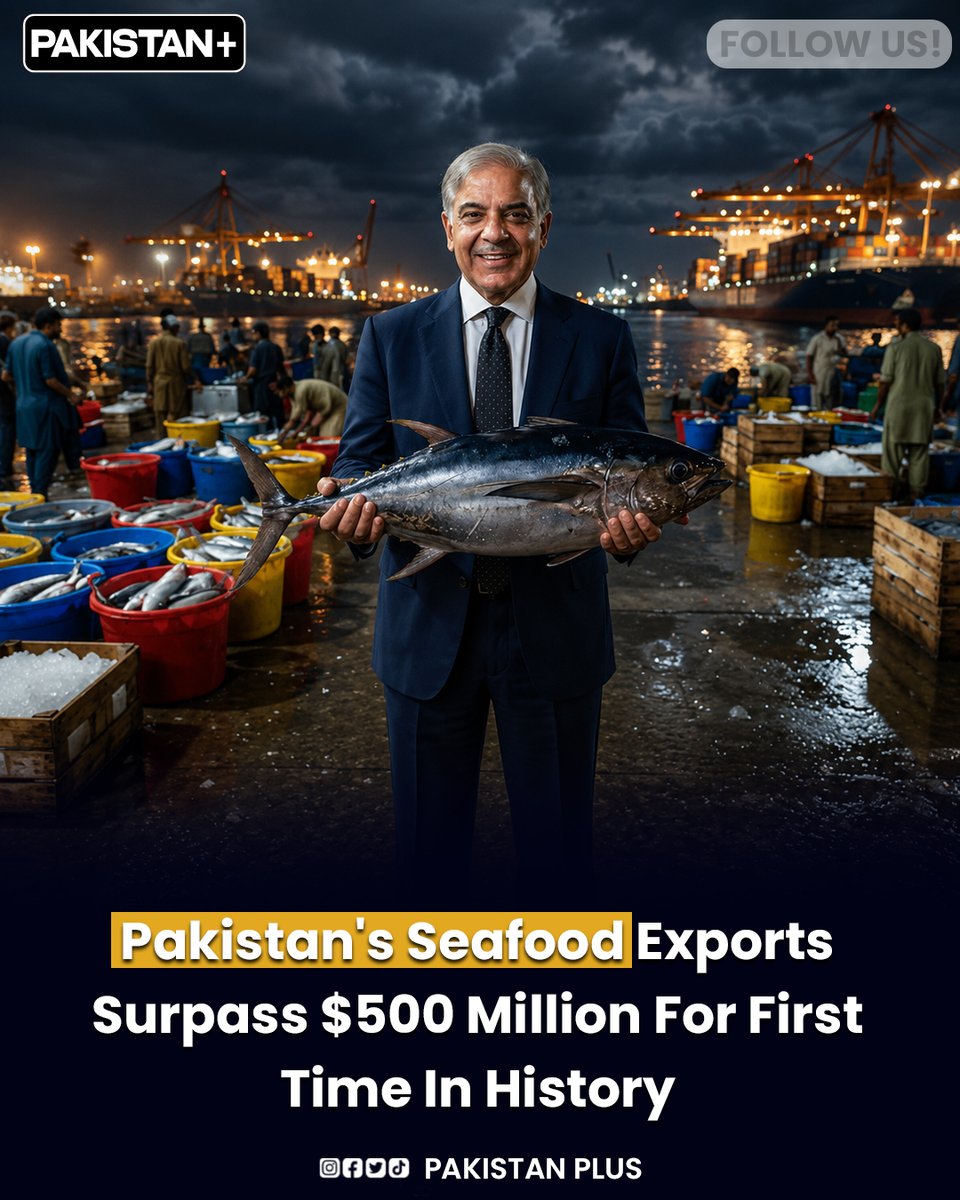 pakistanplus_'s tweet photo. Pakistan’s seafood exports have crossed the $500 million mark for the first time in fiscal year 2025–26, driven by strong demand for frozen fish, shrimps, and prawns in global markets.

#Pakistan #SeafoodExports #BlueEconomy #Maritime #FishExports #TradeGrowth #China https://t.co/5pOhgkFKHc