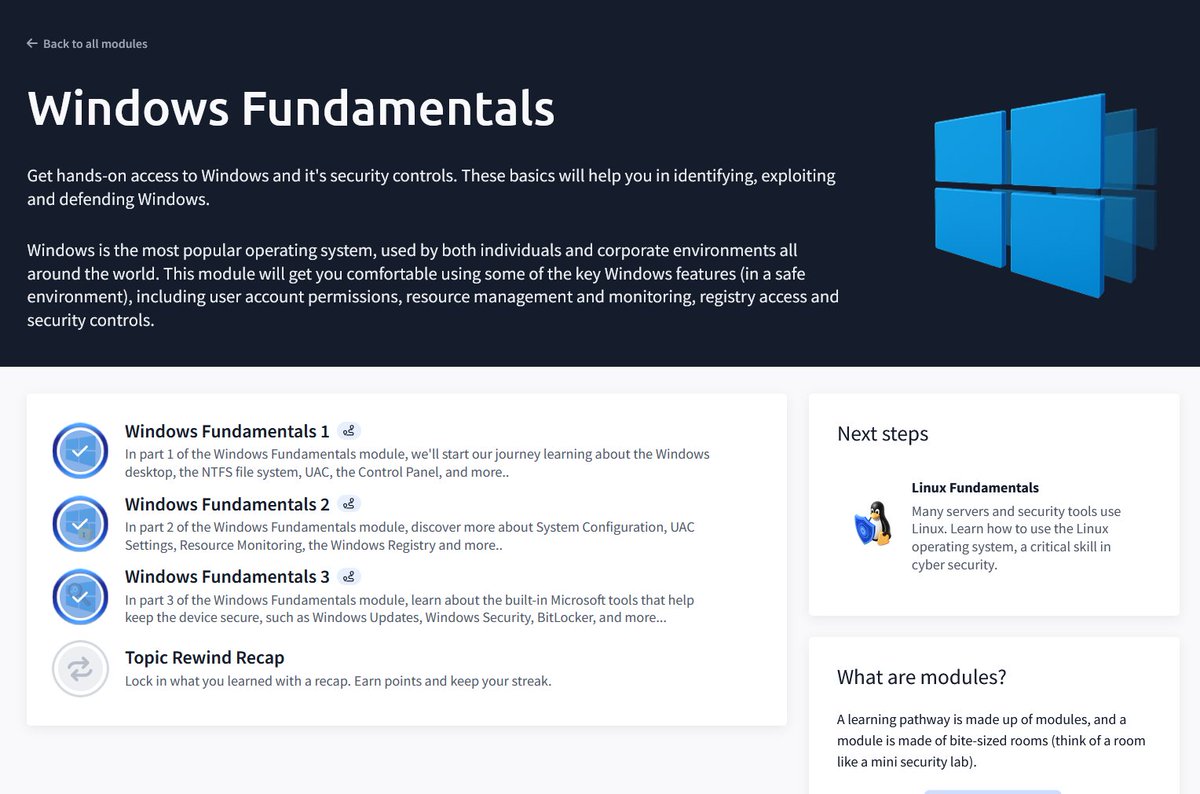 matanikuya's tweet photo. finished windows fundamentals module this morning:
- good basic overview of windows and its processes, I've been using windows my whole life but still learned a good amount of things. 
- didn't cover too many security things, just windows functions. 
follow to see my journey :) https://t.co/QTuOnamVVK