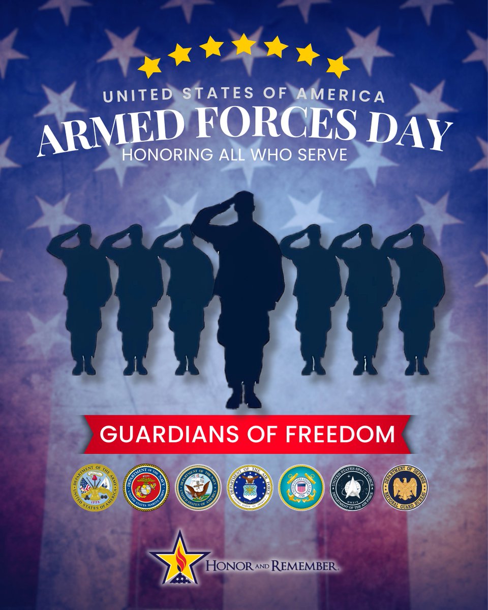 HonorRemember's tweet photo. Today’s active-duty service personnel are ‘Guardians of Freedom.’ Six branches. One unwavering mission: to protect and defend the United States of America.

Together We Remember Them All! 🌹 🇺🇸

#ArmedForcesDay2026 #ArmedForcesDay #HonoringAllWhoServe https://t.co/tAgKP2zyDv