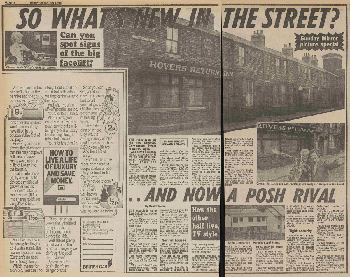 TvDidYouSee's tweet photo. #OnThisDay 6 June 1982
The Daily Mirror unveils the newly built #CoronationStreet set and asks:
WHAT'S NEW IN THE STREET?
And looks ahead to Channel 4's new soap #Brookside:
...AND NOW A POSH RIVAL. https://t.co/rJCj97wcTB