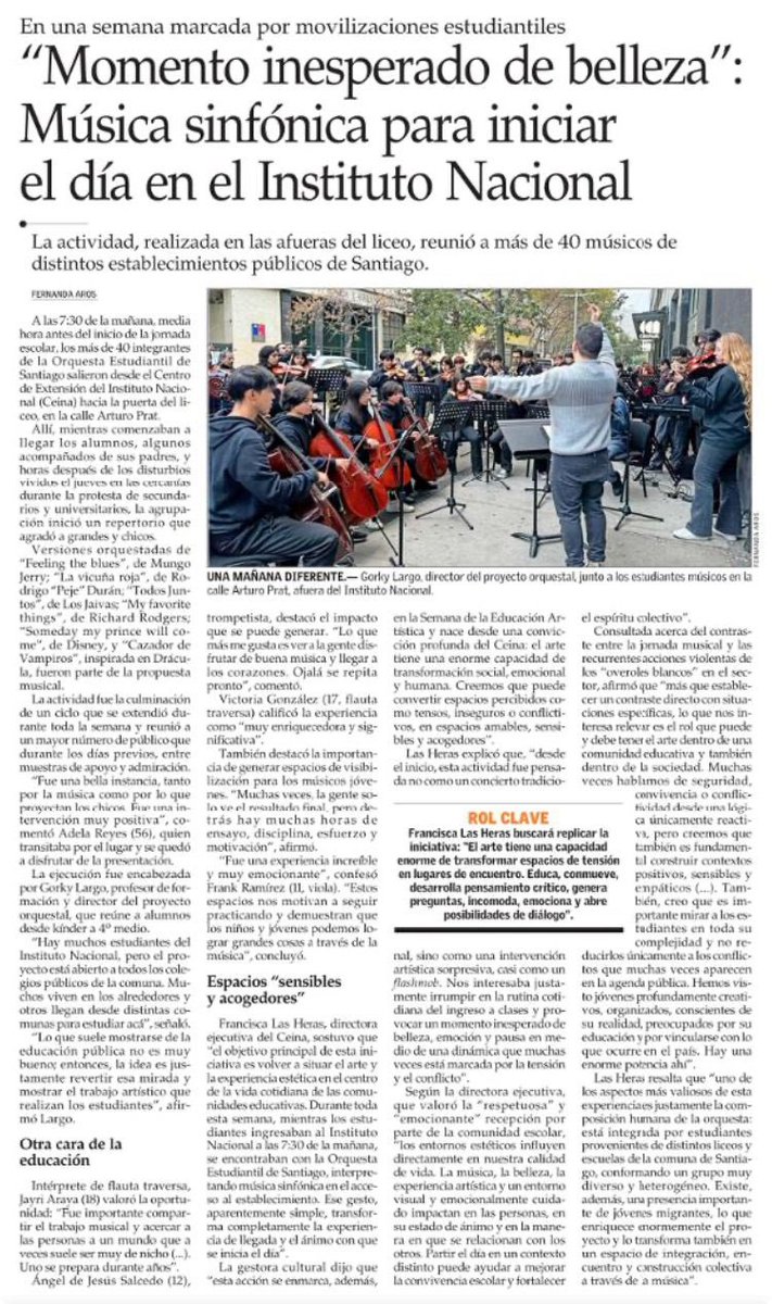 Ibacache's tweet photo. En la edición de hoy, El Mercurio destaca la iniciativa de CEINA de programar conciertos de la Orquesta Estudiantil de Santiago en el Instituto Nacional en el marco de la semana de la Educación Artística 🙌🏼 https://t.co/HQzNugl96O