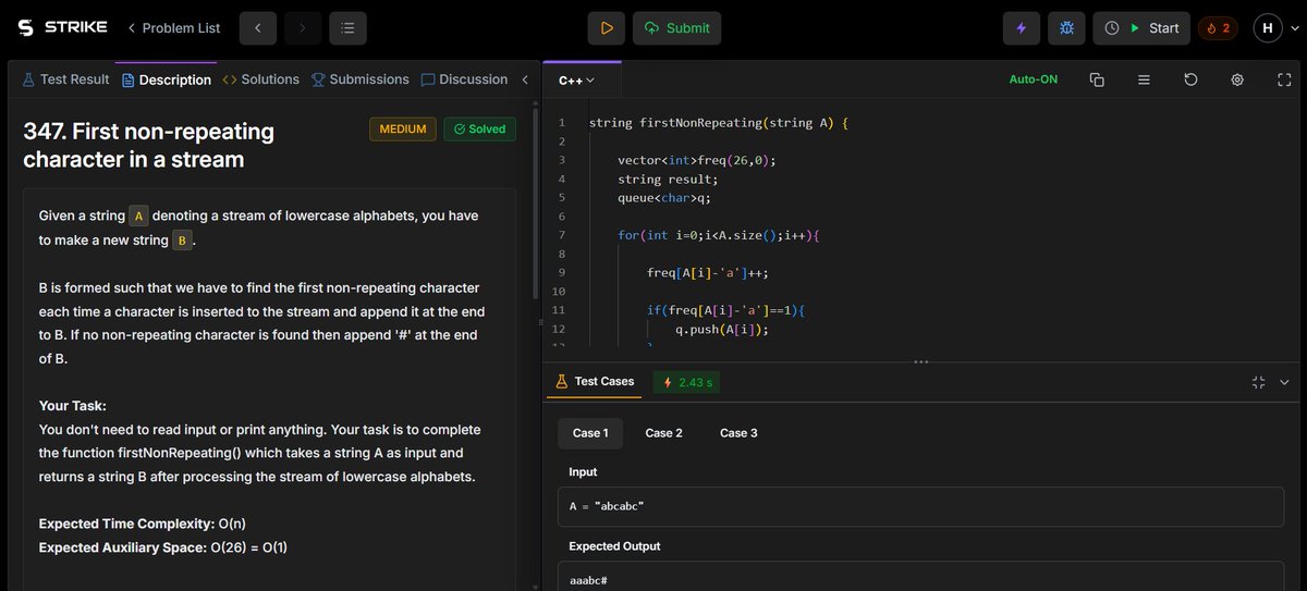workharsh99's tweet photo. Today I solved:
🔹 First Non-Repeating Character in Stream
🔹 Deque operations implementation
Slowly becoming comfortable with queues &amp; deques 💪
@rohit_negi9 @CoderArmy 
#100DaysOfCode #CPP https://t.co/chbb3GZDlH