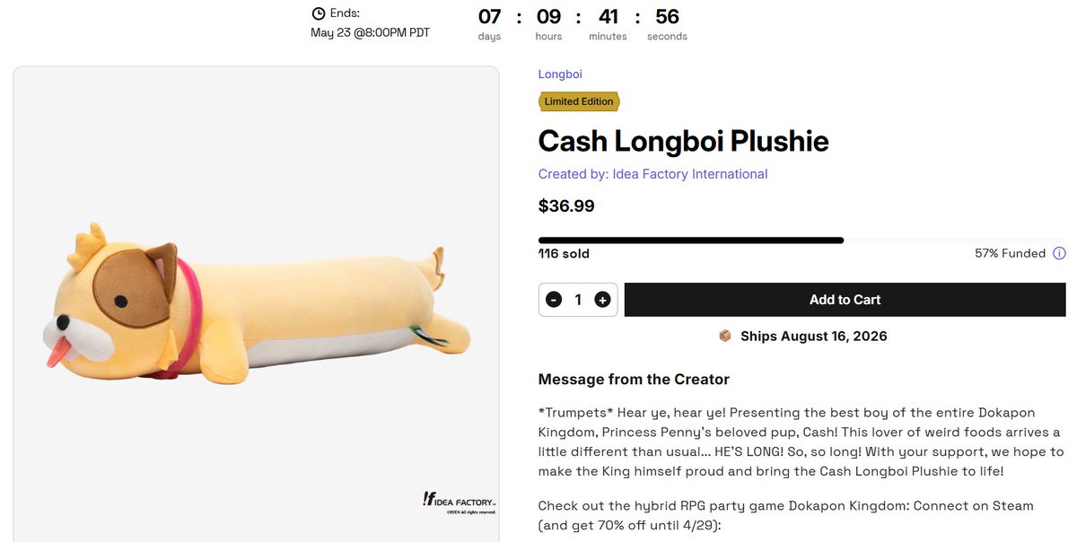 DokaponLibrary's tweet photo. There is currently a Makeship campaign to create another Dokapon-themed plushie, this time for the character Cash. The campaign only has 7 days remaining and needs 84 more purchases to be successfully funded. Link to the campaign is in the post below. https://t.co/eCTcY75ZK5
