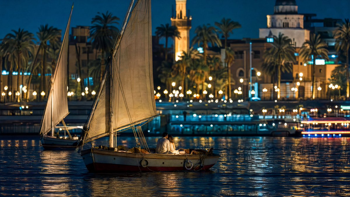Malzahran2's tweet photo. Ultra-realistic telephoto night photograph using compressed perspective (85mm lens), felucca and couple appear closer together, layered planes of palm trees, lanterns, and buildings creating depth, beautiful bokeh in the background lights, dramatic light contrast between warm lanterns and cool water/sky, highly detailed, cinematic yet documentary style

#Image2 @runwayml