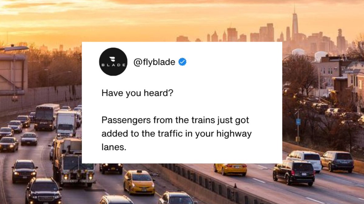 flybladenow's tweet photo. The LIRR isn't running. 
We are.
BLADE Commuter Seats are now just $95.

Park and fly with BLADE and commute between Long Island and the city in 5 minutes.

Valid today until the strike ends. Book your seat now using code FLYIN5-> https://t.co/ge2k2mj47C

To arrange parking, email us at info@blade.com
