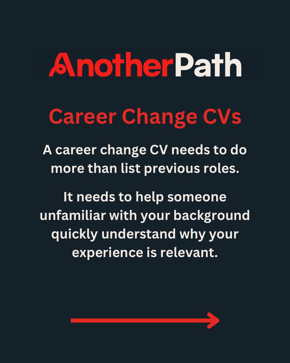 AnotherPathHQ's tweet photo. A career change CV needs to do more than list previous roles.

It needs to help someone unfamiliar with your background quickly understand why your experience is relevant.

Learn more about preparing your CV on our website 👇

#CareerChange #CV #PersonalBrand https://t.co/lNrrx0PvlT