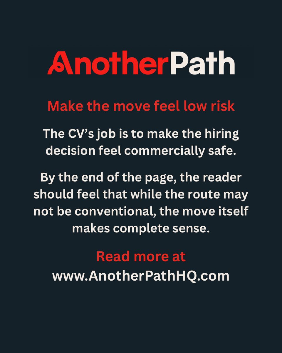 AnotherPathHQ's tweet photo. A career change CV needs to do more than list previous roles.

It needs to help someone unfamiliar with your background quickly understand why your experience is relevant.

Learn more about preparing your CV on our website 👇

#CareerChange #CV #PersonalBrand https://t.co/lNrrx0PvlT