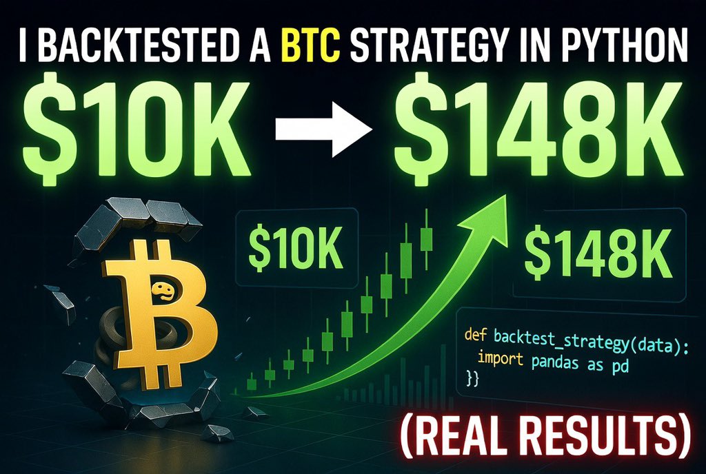 _ChainCircle's tweet photo. I gave Python $10,000 and told it to trade Bitcoin.

3.5 years later:

$148,024 💰
+1,380% return 📈
4.4× better than holding BTC 🔥
9 total trades in 3.5 years ⚡

The strategy won only 37.5% of trades.

Yet still turned $10k into $148k.

Win rate is a lie.
Risk-reward is everything.

Full Python code in Episode 3 of my free course 👇

https://t.co/ZYyyrstZxY