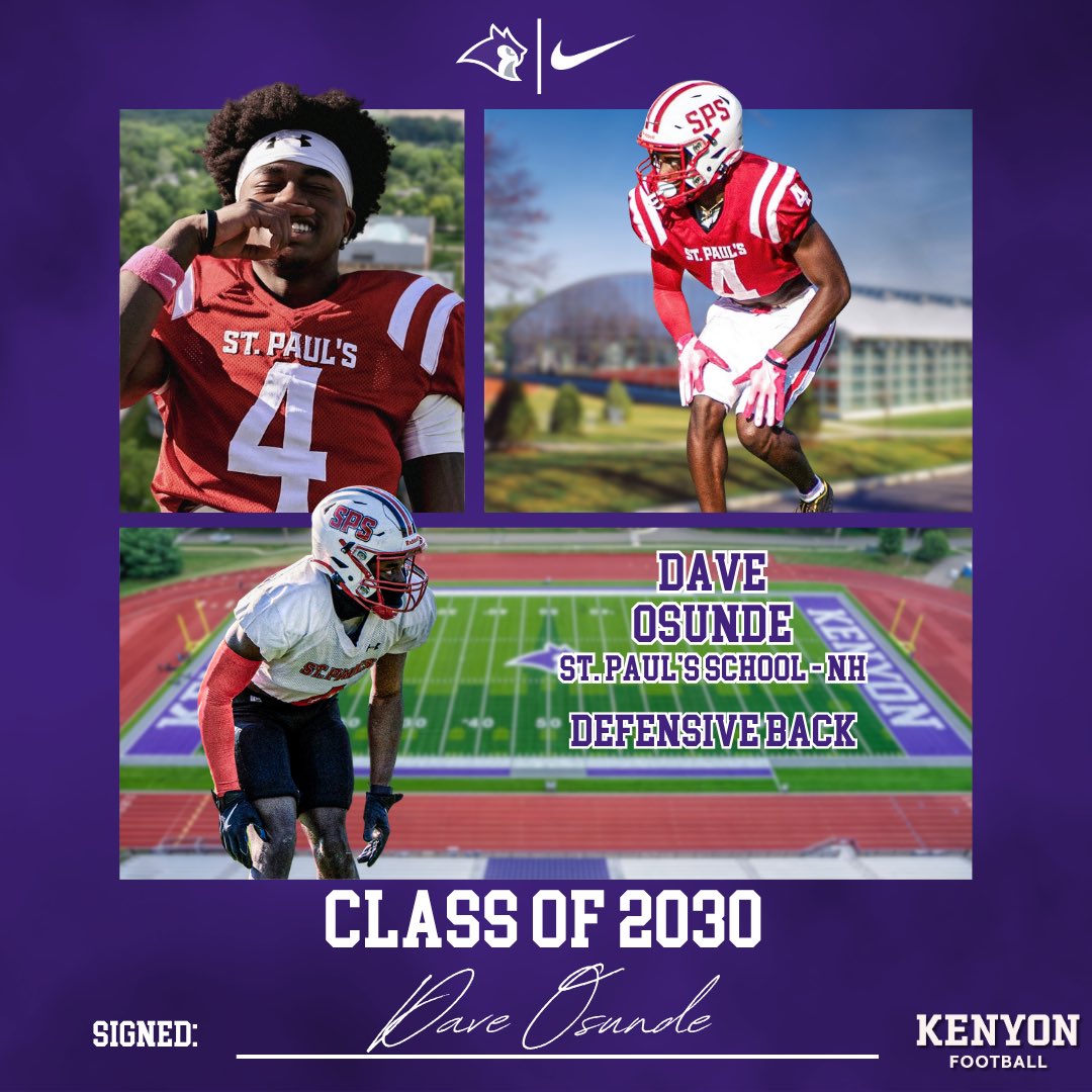KenyonFootball's tweet photo. Introducing our incoming class!

🦉: Dave Osunde
🏈: Defensive Back
🏫: St. Paul’s School (NH)

#TakeFLIGHT #GoOwls https://t.co/4Va08KIWol
