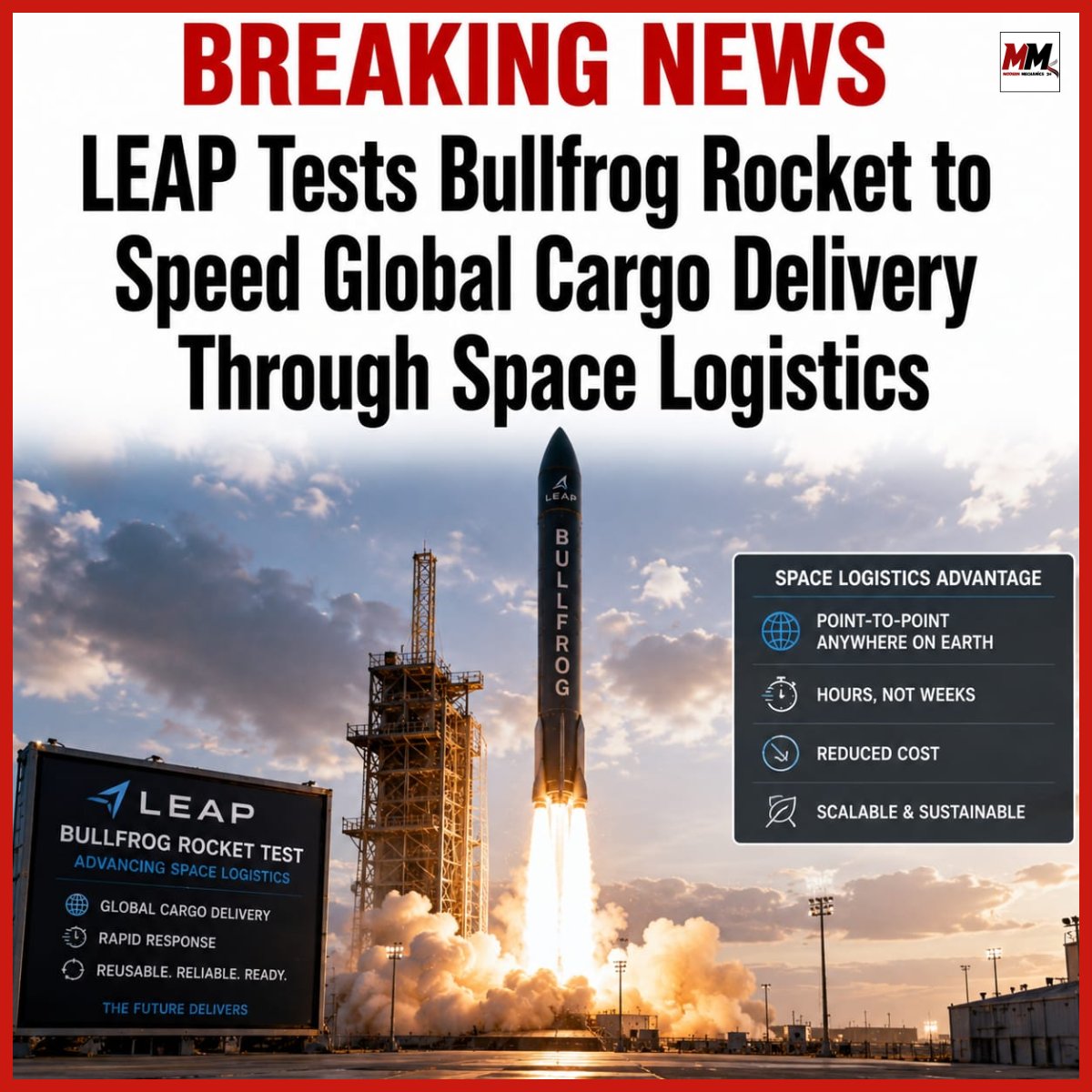 MMechanics24's tweet photo. 🚨 BREAKING: LEAP tests the Bullfrog rocket to accelerate global cargo delivery through space logistics. 

The future could mean worldwide delivery in hours, not weeks. 

#SpaceLogistics #RocketTech #LEAP #Innovation https://t.co/jUM42xGadt