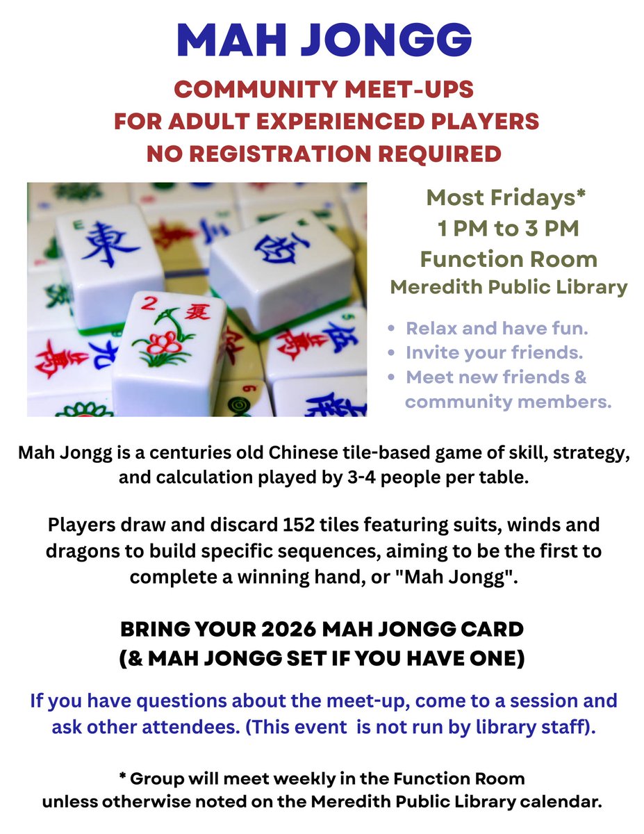 MeredithLibrary's tweet photo. Everybody is talking about #MahJongg these days!

Check out the Mah Jongg Community Meet-ups on Friday afternoons at 1 PM at the #MeredithPublicLibrary.

#MeredithNH #Library #Libraries #LakesRegionNH https://t.co/ZYZwuiGo3J