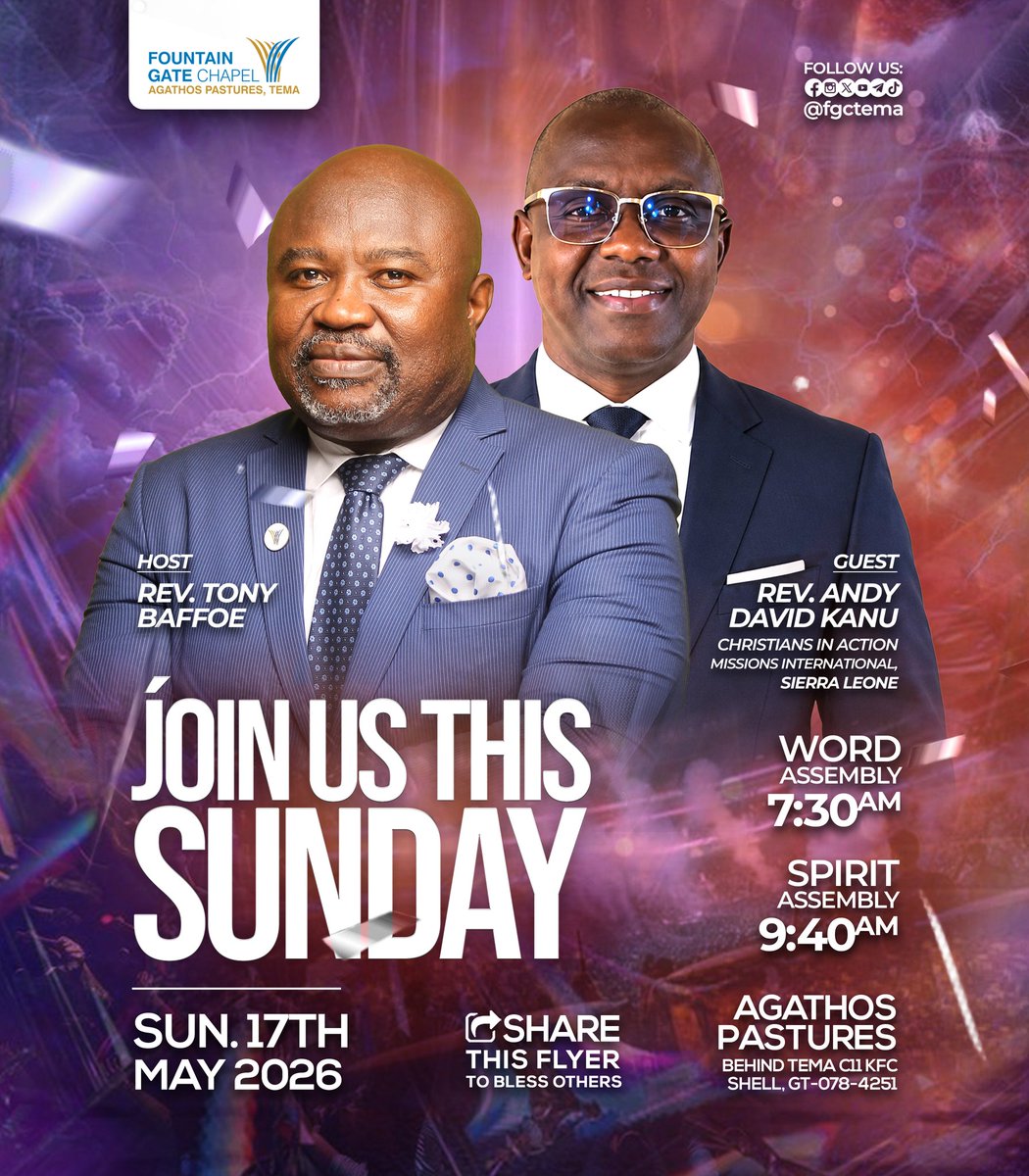 fgctema's tweet photo. Join us this Sunday for a special time in God's presence. We will receive the ministry of Rev. Andy David Kanu (Sierra Leone).

Word Assembly at 7:30am
Spirit Assembly at 9:40am

Don't stay at home. Come and be blessed. 

#AgathosPastures #favour #Sunday #fypシ゚viral #christ https://t.co/KTeMYPkJeL