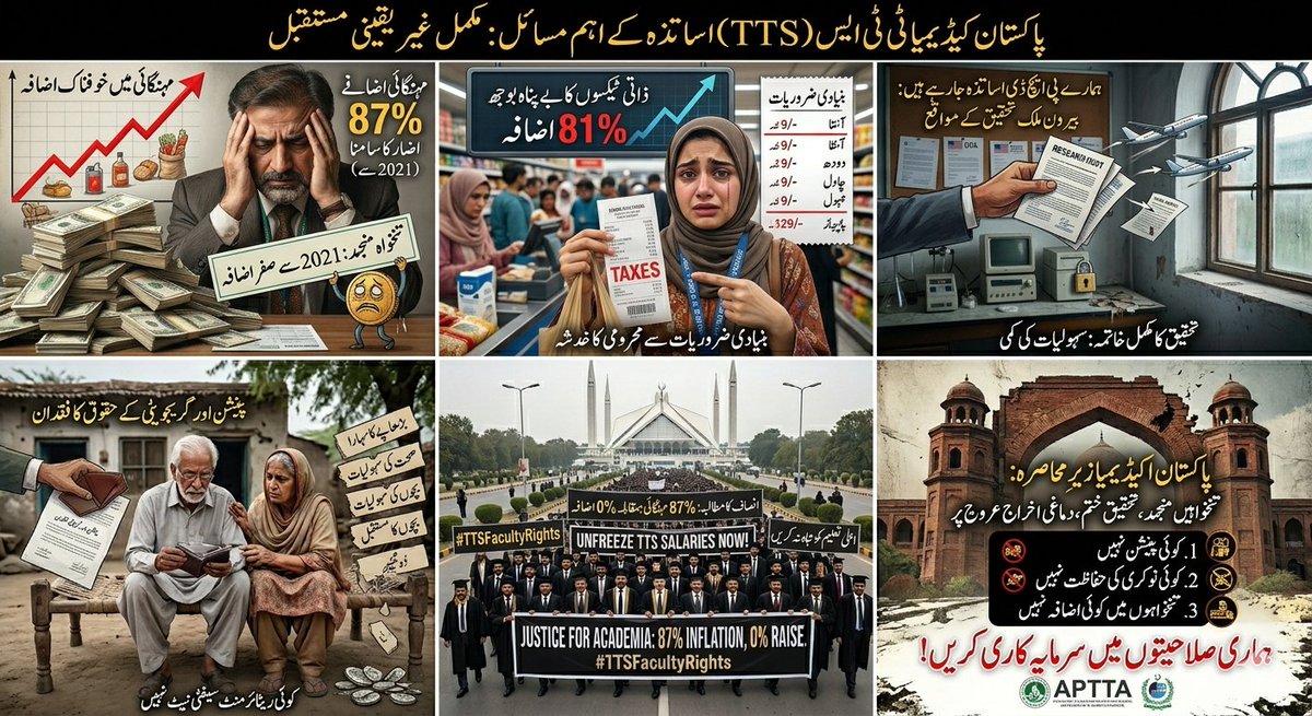 farazakrim's tweet photo. ❌ NO Pension
❌ NO Retirement Funds
❌ NO Job Security
⚠️ 2021 سے تنخواہیں منجمد!
Pakistan’s top PhD researchers under the Tenure Track System (TTS) are facing a systematic wipeout. Coping with an 87% inflation surge &amp; 81% tax hike with ZERO raise in salary.
#TTSFacultyRights https://t.co/keXCNlkHv1