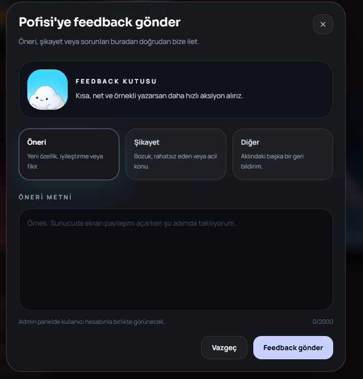 eldiagaming's tweet photo. Sizden isteğimiz, Pofisi'yi kullanırken bulduğunuz ve karşılaştığınız hataları, uygulamanın sol üstünde bulunan "Feedback" tuşu ile bizlere bildirmeniz. https://t.co/J6HsZQ8jEE