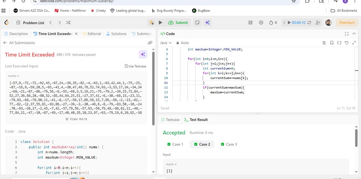 coderankit82's tweet photo. 🟢 Maximum Subarray #53 · Easy · LeetCode

💡 First Loop find Starting, Second Loop find Ending and third Loop sum the element of Sub Array.

⚠️ forget to start the third loop with the i and end with j.
📌 Brute Force is Legendry

O(n^3) | O(1) | Java | 🔥 31/100

 #100DaysOfCode https://t.co/sYHpz1o5QO