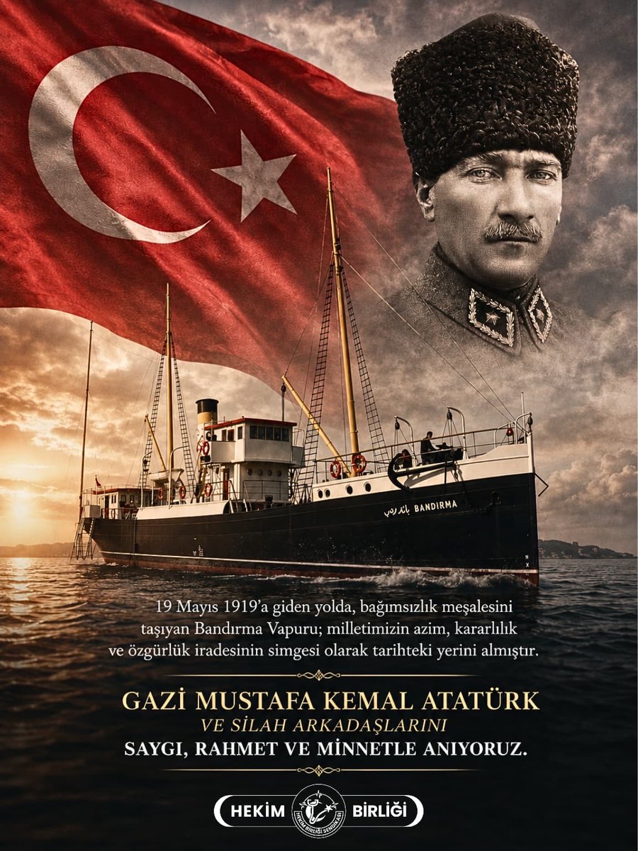hekim_birligi's tweet photo. 19 Mayıs 1919’a giden yolda, bağımsızlık meşalesini taşıyan Bandırma Vapuru; milletimizin azim, kararlılık ve özgürlük iradesinin simgesi olarak tarihteki yerini almıştır.

Gazi Mustafa Kemal Atatürk ve silah arkadaşlarını saygı, rahmet ve minnetle anıyoruz. https://t.co/8UnsCkeKKr