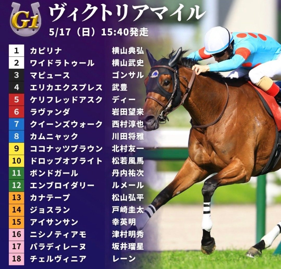 puzznonnon's tweet photo. 【G1🏆️ヴィクトリアマイル🏇予想🌈】

🥉やめとけ…8番カムニャック‼️
・距離適性不安。 
・ゲート不安。

🥈無難…12番エンブロイダリー‼️
・実績は世代トップクラス。 
・東京マイルのルメール騎手。 

🥇7番クイーンズウォーク‼️
・コース＆レース適性は現役最強。 
・陣営も自信に満ち溢れてる。

◎7番 ○12番 ▲16番 △6番

【馬券の購入は自己責任でよろしくお願いします🙇✨〜皆様に🌈幸あれ〜🎯🏇🌈〜🍀✨