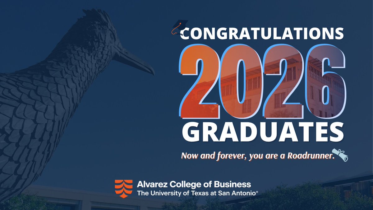 UTSABusiness's tweet photo. Congratulations, Class of 2026! 🎉🎓

You’ve reached an incredible milestone, and we are proud to celebrate everything you’ve accomplished!

Once a Roadrunner, always a Roadrunner. 🤙
#UTSAGrad26 #WeAreAlvarez https://t.co/lSUpAu4IzO