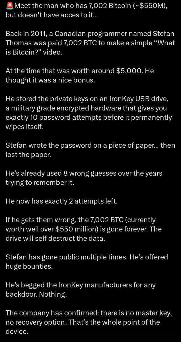 Micheal_iSphere's tweet photo. 🚨Meet the man who has 7,002 Bitcoin (~$550M), but doesn’t have acces to it…
Back in 2011, a Canadian programmer named Stefan Thomas was paid 7,002 BTC to make a simple “What is Bitcoin?” video.
Read more in photo 👇
#crypto #BTC #Keyphrase https://t.co/HrOD4uEtIO