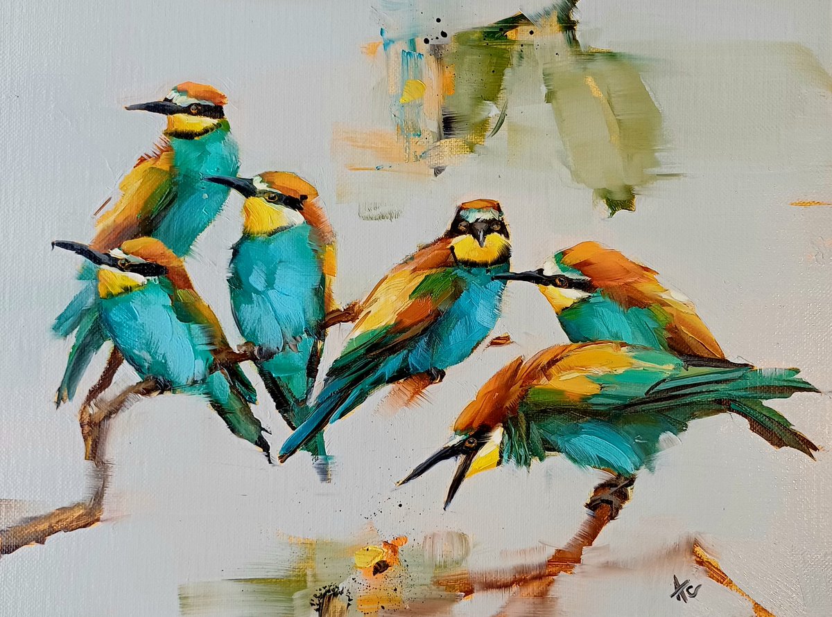 andreeacataros's tweet photo. For a moment the world holds its breath : watchful eyes, sunlit feathers, and the hush before flight. 
Painted with loose, luminous strokes to keep the feeling dreamlike and still.

#OilPainting #BeeEaters #BirdArt https://t.co/EWWkwIhrYt