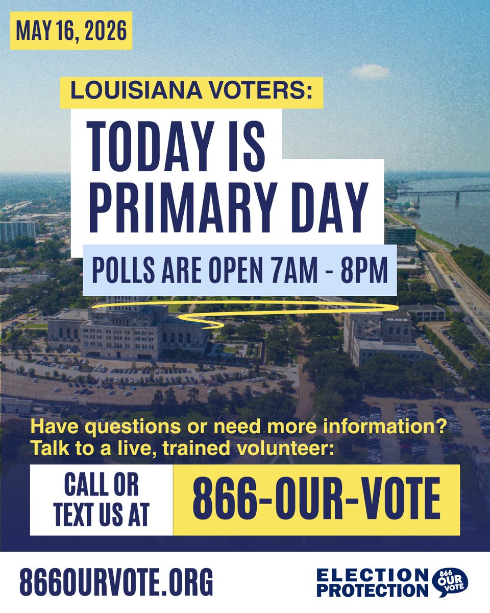 866OURVOTE's tweet photo. 📣 Louisiana voters—today, May 16, is Primary Day! Make your voice heard!

If you have any questions or experience issues while voting, call or text 866-OUR-VOTE to connect with a trained, live volunteer who can help. https://t.co/zsUeeh0yIj