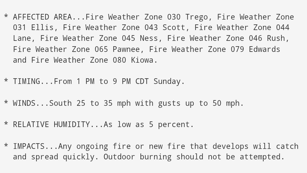 ScottCoEM's tweet photo. A Red Flag Warning has been issued for tomorrow from 1:00-9:00pm for potentially critical fire weather conditions. There should be absolutely NO outdoor burning this weekend. If you have outdoor activities planned for graduation consider the possibility of strong and gusty winds. https://t.co/ctkYuXXS1q