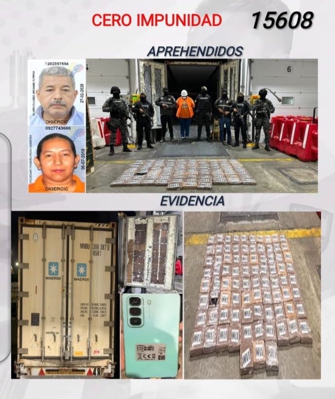 JohnReimberg's tweet photo. 82 KG DE COCAÍNA INCAUTADOS EN EL PUERTO DE POSORJA.

El operativo fue ejecutado por la Policía Nacional donde 83 bloques equivalentes a 82.1 kg de cocaína que estaban ocultos en la estructura de las puertas de un contenedor de fruta cuyo destino era Alemania. 

Como resultado de las investigaciones y allanamientos posteriores, fueron aprehendidos Arcángel Patricio Olvera Salcedo y Peggi Vannessa Solórzano Pazmiño. 

Entre los indicios constan el contenedor contaminado y un terminal móvil. La droga decomisada equivale a 821.700 dosis, con un valor estimado a USD 3.8 millones en el mercado europeo.

Cero impunidad. Seguimos trabajando.